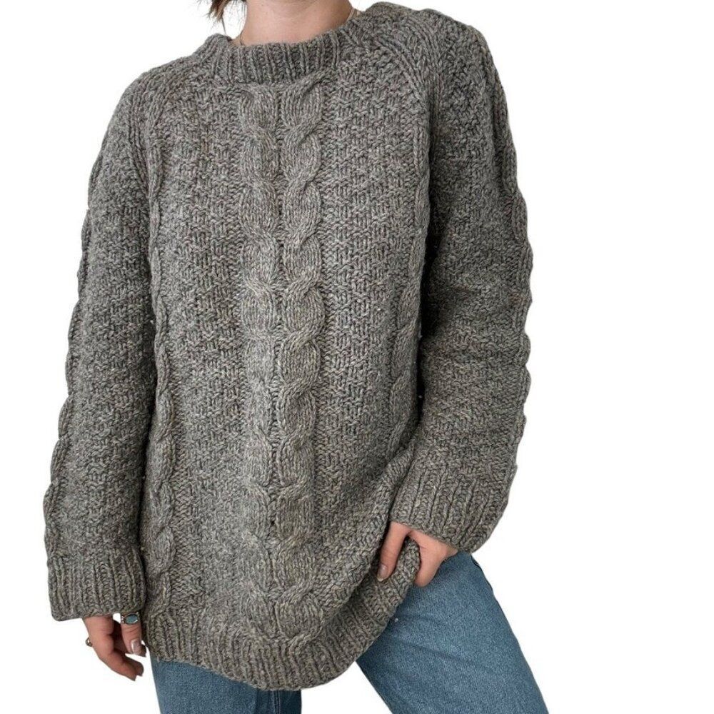 Vintage Greek Knitwear Gray Chunky 100% Wool Fisherman Oversized Sweater XL